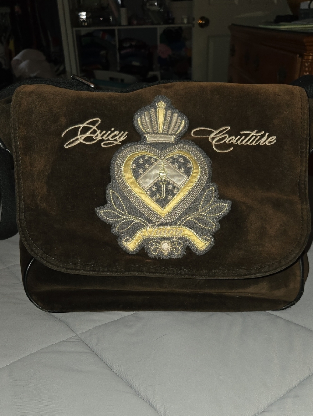 Juicy Couture Vintage Brown Suede Messenger Bag with Gold Embroidered Crest